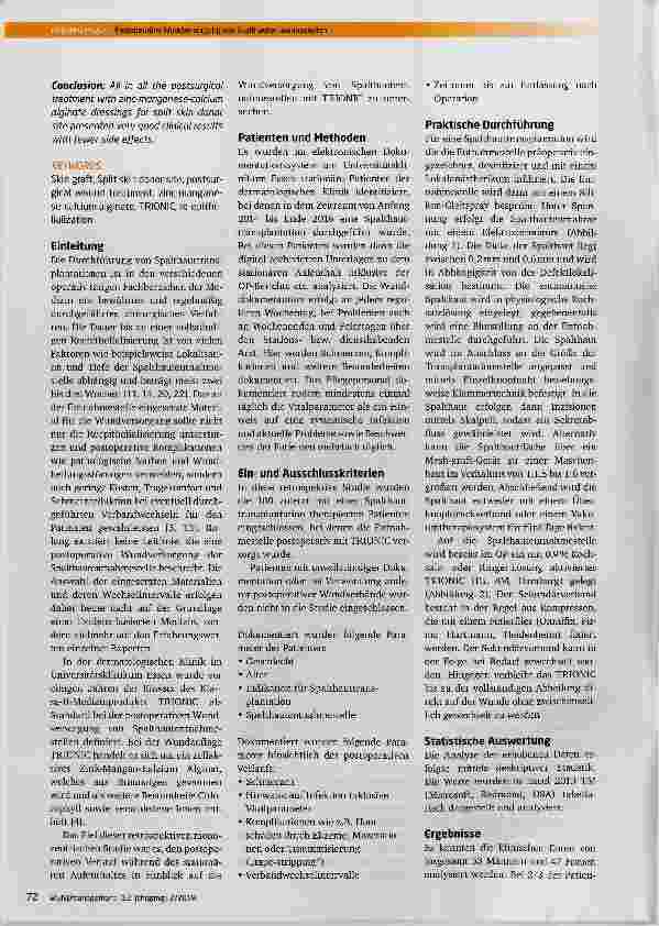Vorschauseite 2: Postoperative Wundversorgung von Spalthautentnahmestellen mit Zink-Mangan-Kalzium Alginat-Wundauflagen: Ergebnisse einer retrospektiven klinischen Studie