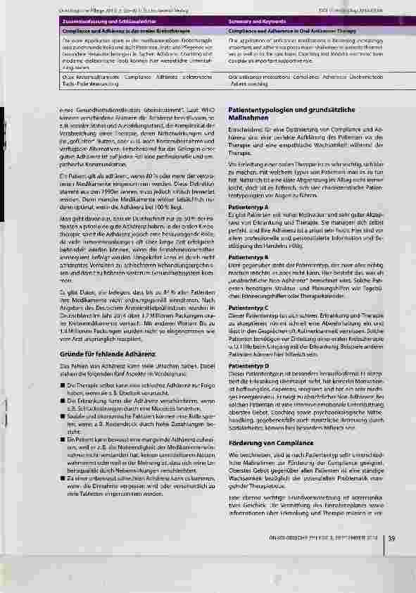 Vorschauseite 2: Compliance und Adhärenz in der oralen Krebstherapie