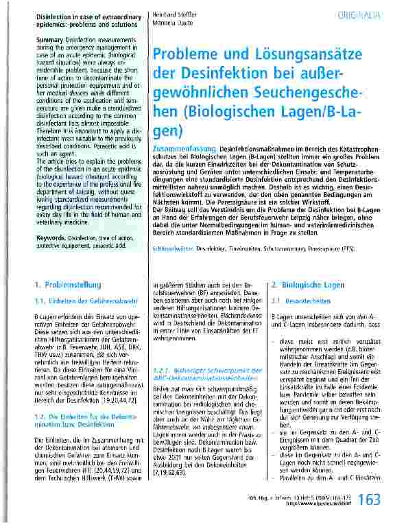 Vorschauseite 1: Probleme und Lösungsansätze der Desinfektion bei außergewöhnlichen Seuchengeschehen (Biologischen Lagen/B-Lagen)