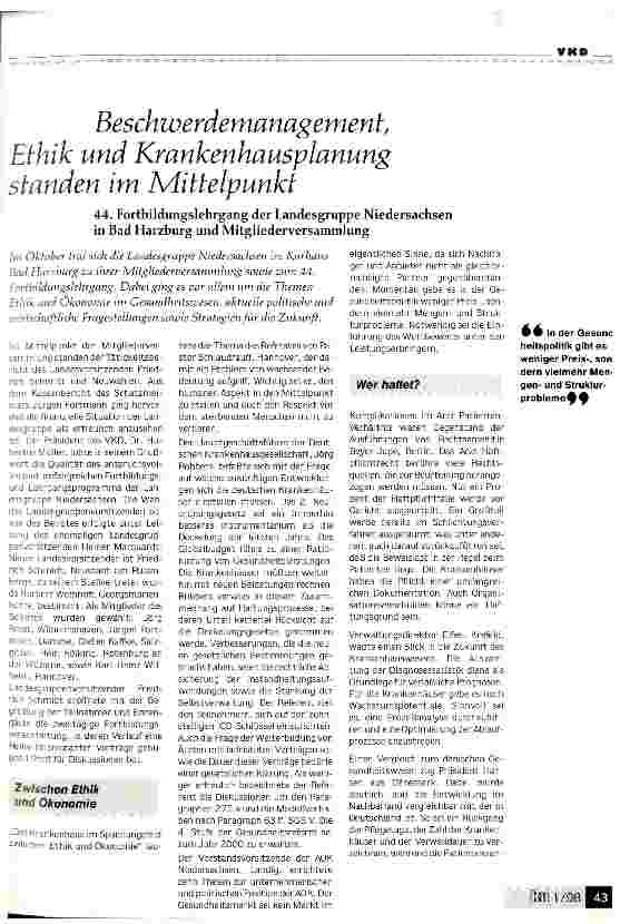 Vorschauseite 1: Beschwerdemanagement, Ethik und Krankenhausplanung standen im Mittelpunkt (44. Fortbildungslehrgang der Landesgruppe Niedersachsen)