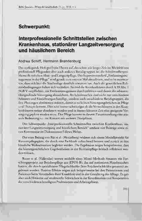Vorschauseite 1: Schwerpunkt: Interprofessionelle Schnittstellen zwischen Krankenhaus, stationärer Langzeitversorgung und häuslichem Bereich