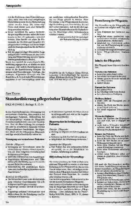 Vorschauseite 1: Leserbrief zum Thema: Standardisierung pflegerischer Tätigkeiten DKZ 41(1988)5, Beilage S. 12-14