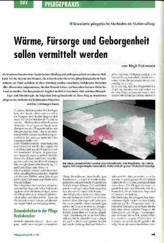 Vorschauseite 1: Erweiterte pflegerische Methoden im Statiosalltag: Wärme, Fürsorge und Geborgenheit sollen vermittelt werden
