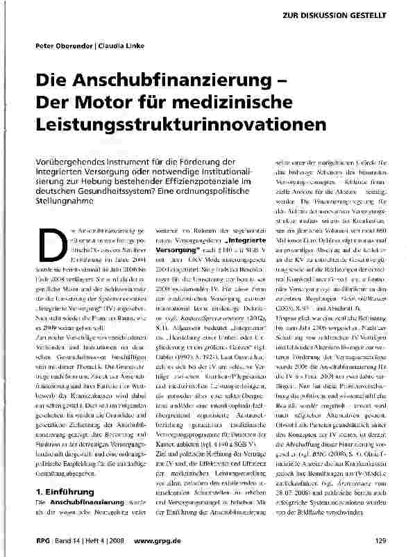 Vorschauseite 1: Die Anschubfinanzierung -Der Motor für medizinische Leistungsstrukturinnovationen