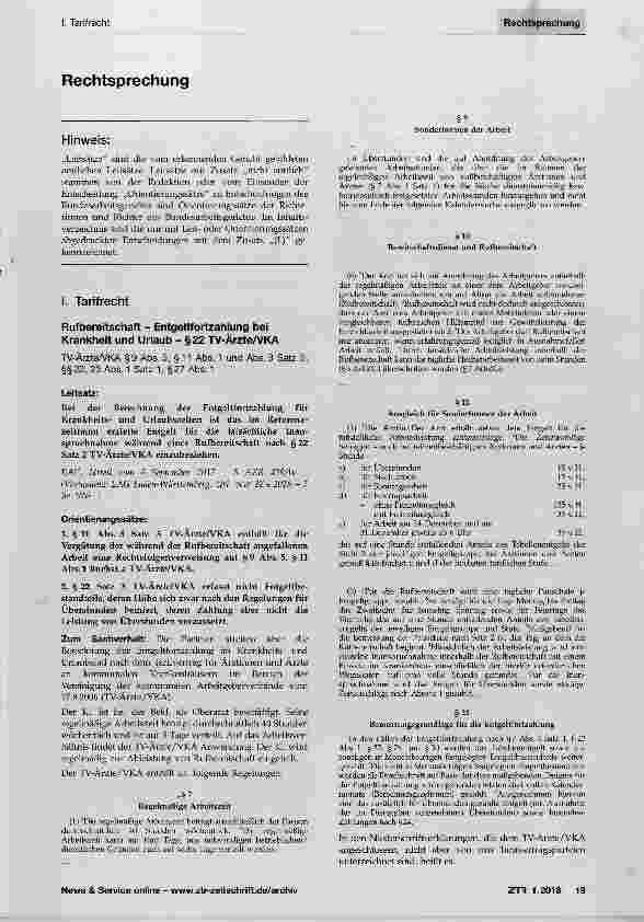 Vorschauseite 1: Rufbereitschaft - Entgeltfortzahlung bei Krankheit und Urlaub §22 TV-Ärzte/VKA