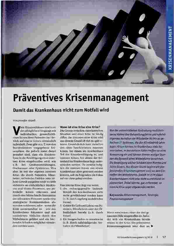 Vorschauseite 1: Präventives Krisenmanagement Damit das Krankenhaus nicht zum Notfall wird