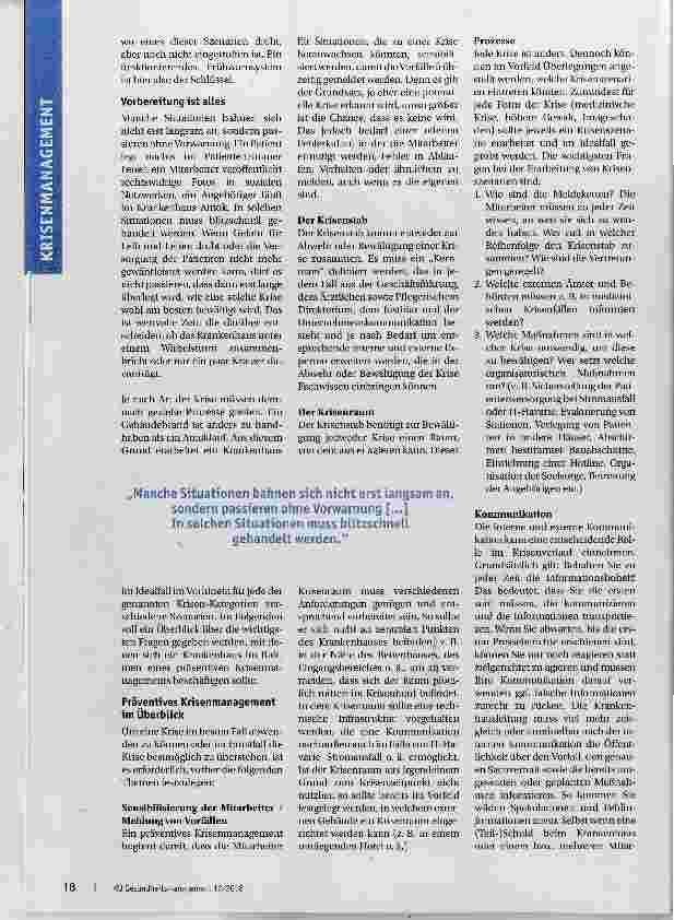 Vorschauseite 2: Präventives Krisenmanagement Damit das Krankenhaus nicht zum Notfall wird