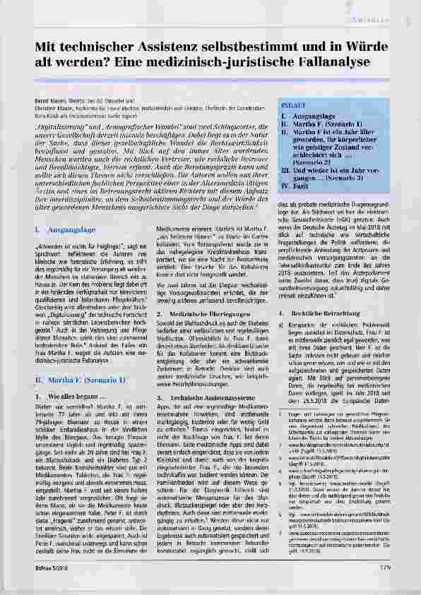 Vorschauseite 1: Mît technischer Assistenz selhsthestimmt und in Würde alt werden? Eine medizinisch-juristische Fallanalyse