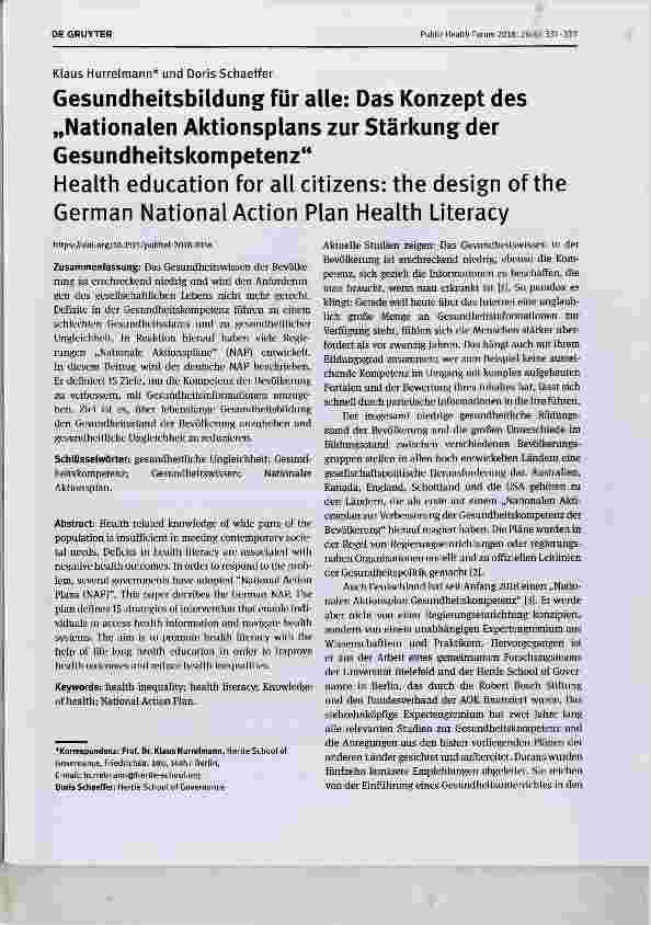 Vorschauseite 1: Gesundheitsbildung für alle: Das Konzept des „Nationalen Aktionsplans zur Stärkung der Gesundheitskompetenz“