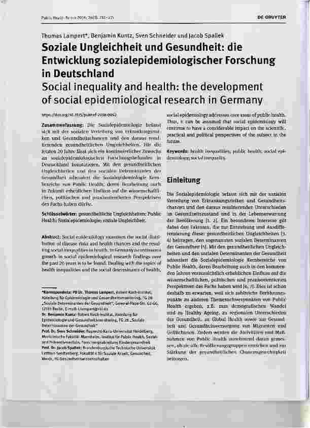 Vorschauseite 1: Soziale Ungleichheit und Gesundheit: die Entwicklung sozialepidemiologischer Forschung in Deutschland Social inequality and health: the development of social epidemiological resea…