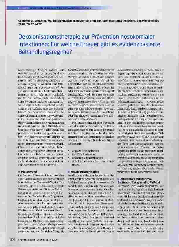 Vorschauseite 1: Dekolonisationstherapie zur Prävention nosokomialer Infektionen: Für welche Erreger gibt es evidenzbasierte Behandlungsregime?
