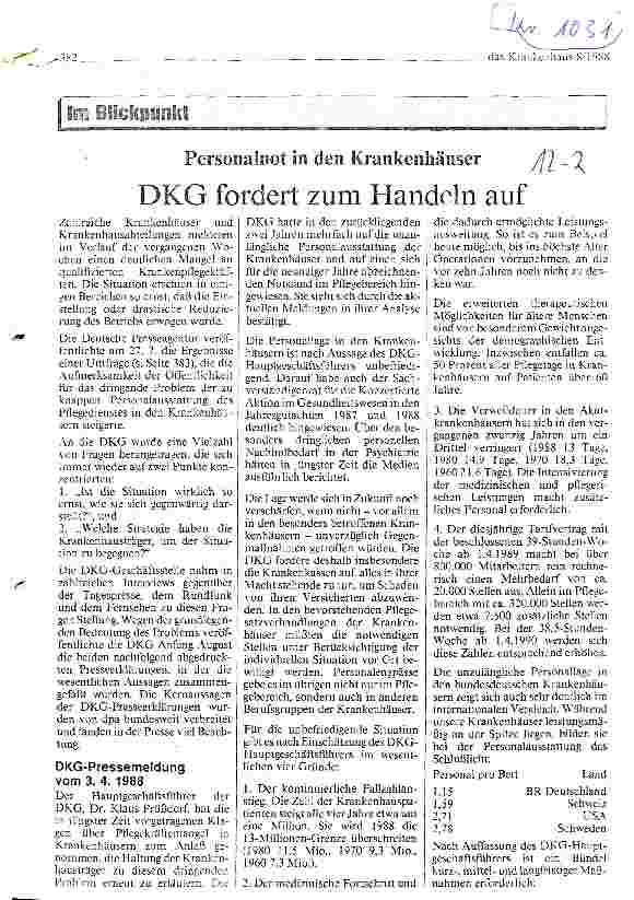 Vorschauseite 1: DKG fordert zum Handeln auf Personalnotstand in den Krankenhäusern