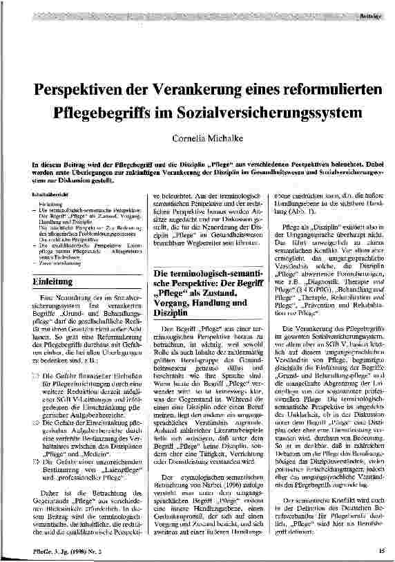 Vorschauseite 1: Perspektiven der Verankerung eines reformulierten Pflegebegriffs im Sozialversicherungssystem