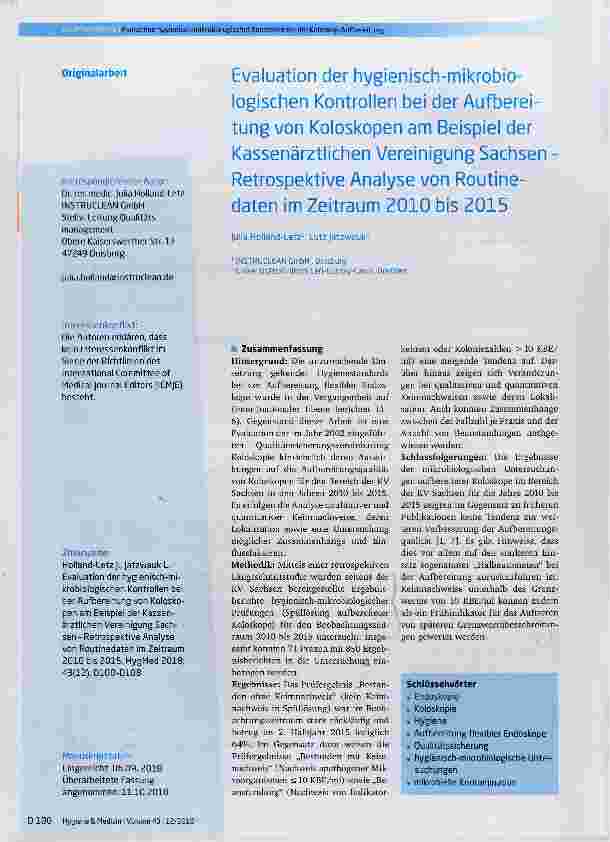 Vorschauseite 1: Evaluation der hygienisch-mikrobiologischen Kontrollen bei der Aufbereitung von Koloskopen am Beispiel der Kassenärztlichen Vereinigung Sachsen Retrospektive Analyse von Routineda…