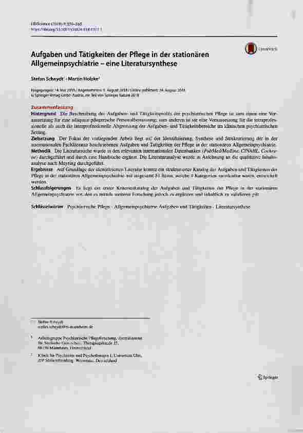 Vorschauseite 1: Aufgaben und Tätigkeiten der Pflege in der stationären Allgemeinpsychiatrie eine Literatursynthese