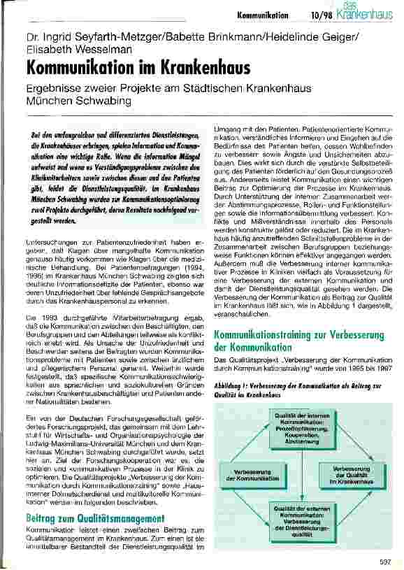 Vorschauseite 1: Kommunikation im Krankenhaus Ergebnisse zweier Projekte am Städtischen Krankenhaus M-Schwabing