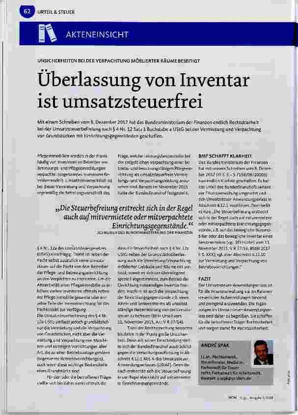 Vorschauseite 1: Überlassung von Inventar ist umsatzsteuerfrei