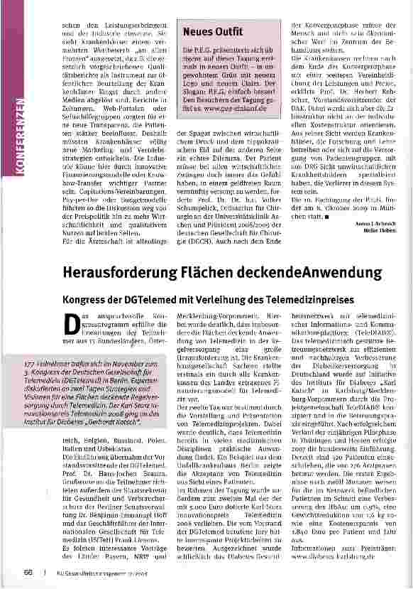 Vorschauseite 1: Herausforderung Flächen deckendeAnwendung Kongress der DGTelemed mit Verleihung des Telemedizinpreises