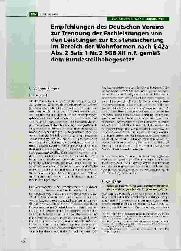 Vorschauseite 1: Empfehlungen des Deutschen Vereins zur Trennung der Fachleistungen von den Leistungen zur Existenzsicherung im Bereich der Wohnformen nach §42a Abs. 2 Satz 1 Nr. 2 SGB XII n.F. ge…