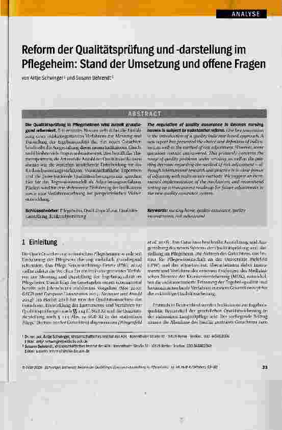 Vorschauseite 1: Reform der Qualitätsprüfung und -darstellung im Pflegeheim: Stand der Umsetzung und offene Fragen