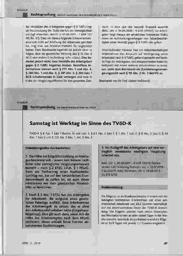Vorschauseite 1: Samstag ist Werktag im Sinne des TVöD-K