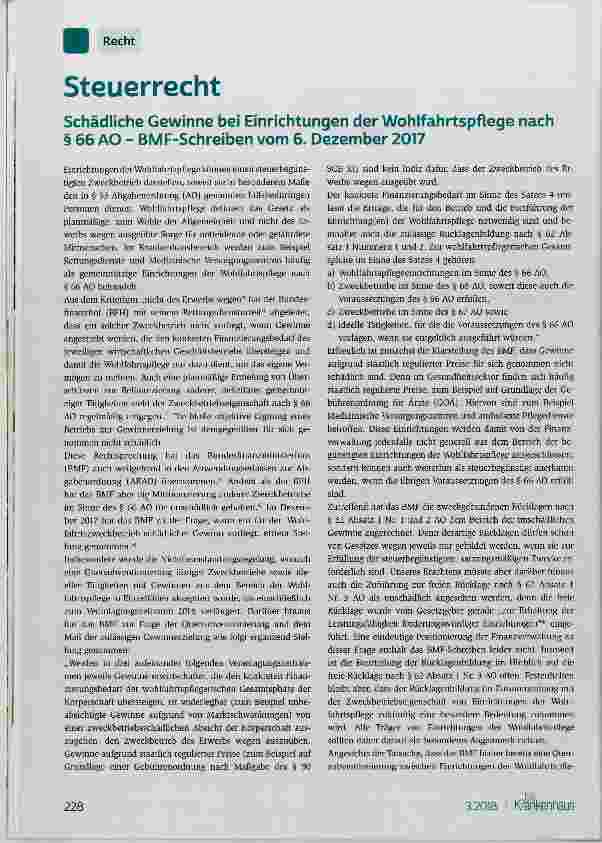 Vorschauseite 1: Schädliche Gewinne bei Einrichtungen der Wohlfahrtspflege nach § 66 AO BMF-Schreiben vom 6. Dezember 2017