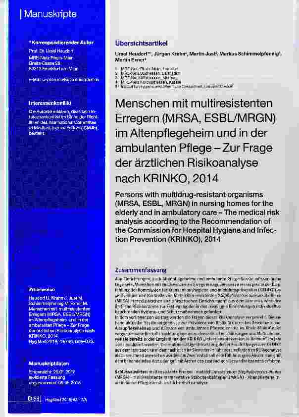 Vorschauseite 1: Menschen mit multiresistenten Erregern (MRSA, ESBL7MRGN) im Altenpflegeheim und in der ambulanten Pflege Zur Frage der ärztlichen Risikoanalyse nach KRINKO, 2014