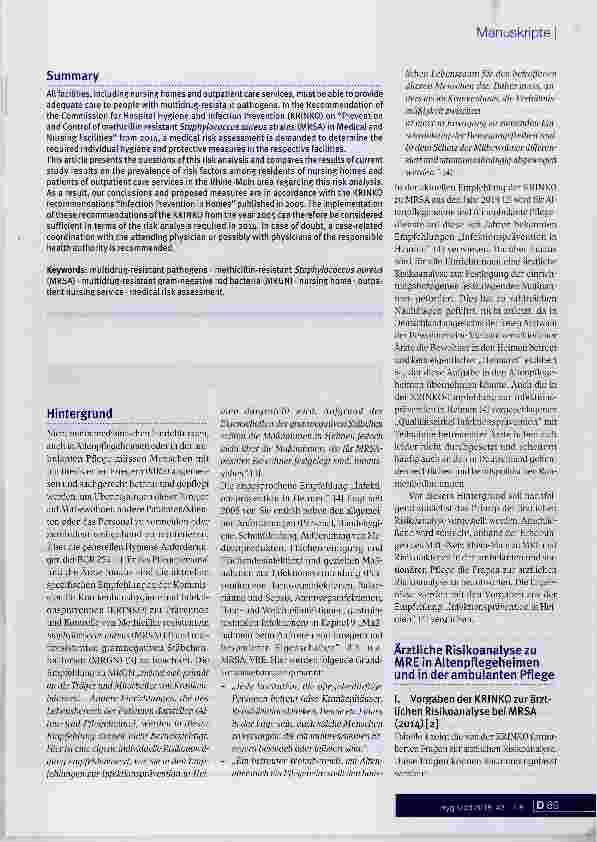 Vorschauseite 2: Menschen mit multiresistenten Erregern (MRSA, ESBL7MRGN) im Altenpflegeheim und in der ambulanten Pflege Zur Frage der ärztlichen Risikoanalyse nach KRINKO, 2014