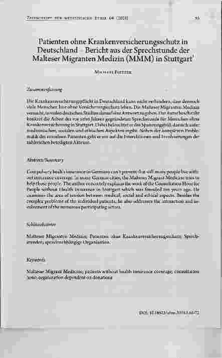 Vorschauseite 1: Patienten ohne Krankenversicherungsschutz in Deutschland Bericht aus der Sprechstunde der Malteser Migranten Medizin (MMM) in Stuttgart