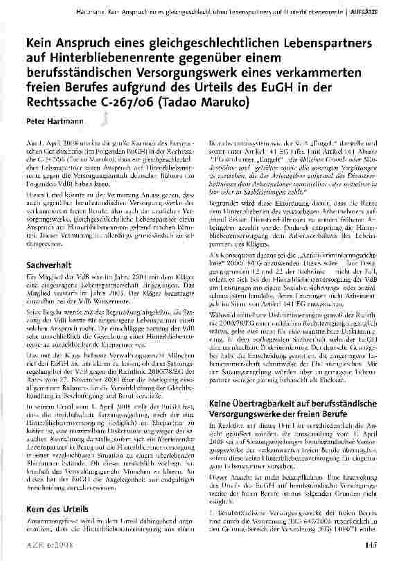 Vorschauseite 1: Kein Anspruch eines gleichgeschlechtlichen Lebenspartners auf Hinterbliebenenrente gegenüber einem berufsständischen Versorgungswerk eines verkammerten freien Berufes aufgrund des…