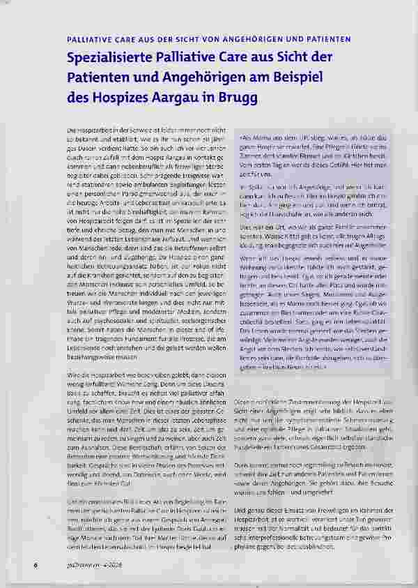 Vorschauseite 1: Spezialisierte Palliative Care aus Sicht der Patienten und Angehörigen am Beispiel des Hospizes Aargau in Brugg
