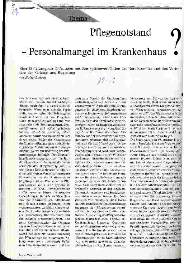 Vorschauseite 1: Pflegenotstand - Personalmangel im Krankenhaus? Zur Diskussion mit den Verbänden des Berufsstandes und der Regierung