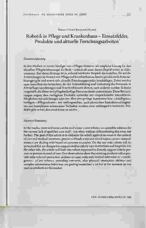 Vorschauseite 1: Robotik in Pflege und Krankenhaus Einsatzfelder, Produkte und aktuelle Forschungsarbeiten