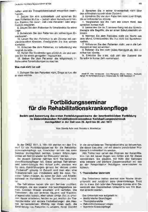 Vorschauseite 1: Fortbildungsseminar für die Rehabilitationa - Krankenpflege