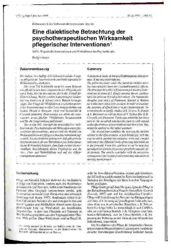 Vorschauseite 1: Eine dialektische Betrachtung der psychotherapeutischen Wirksamkeit pflegerischer Interventionen Teil 1 : Pflegerische Interventionen und Wirkfaktoren der Psychotherapie
