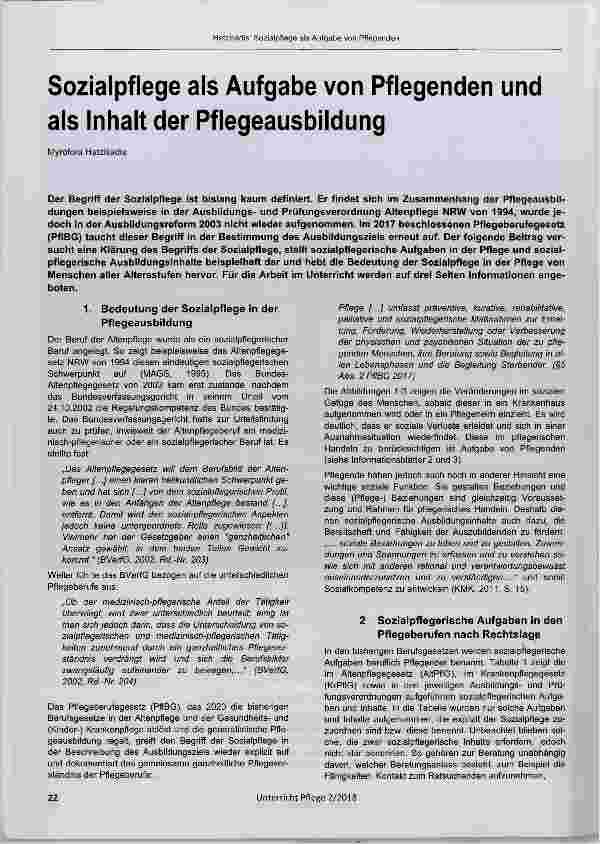 Vorschauseite 1: Sozialpflege als Aufgabe von Pflegenden und als Inhalt der Pflegeausbildung