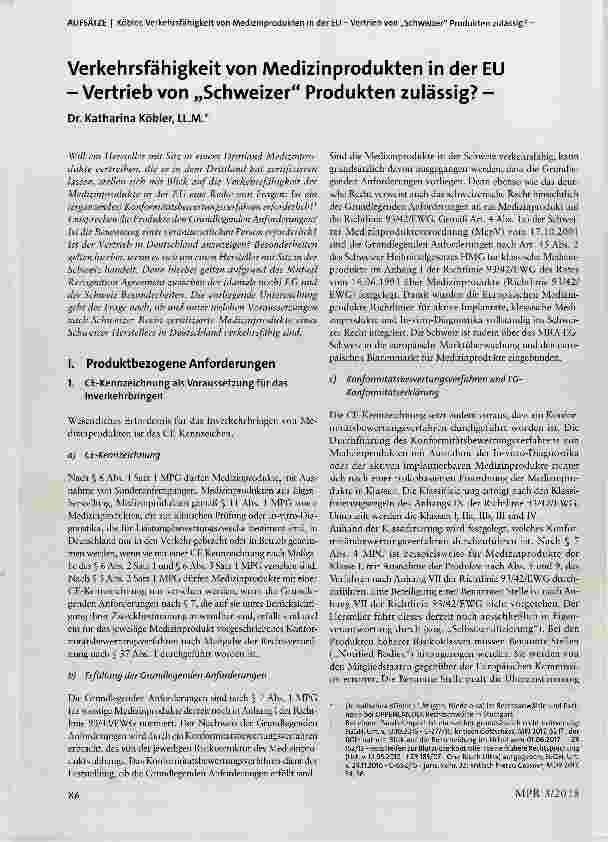Vorschauseite 1: Verkehrsfähigkeit von Medizinprodukten in der EU -Vertrieb von „Schweizer“ Produkten zulässig? -