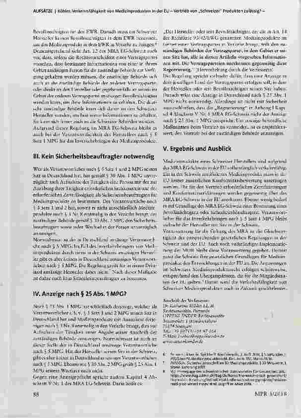 Vorschauseite 3: Verkehrsfähigkeit von Medizinprodukten in der EU -Vertrieb von „Schweizer“ Produkten zulässig? -