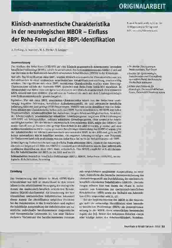 Vorschauseite 1: Klinisch-anamnestische Charakteristika in der neurologischen MBOR Einfluss der Reha-Form auf die BBPL-Identifikation