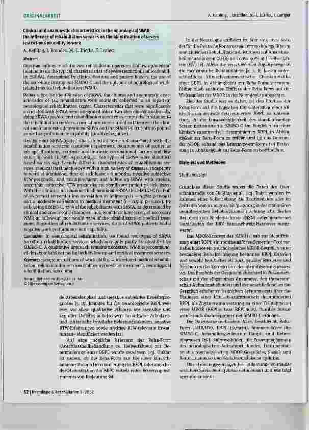 Vorschauseite 2: Klinisch-anamnestische Charakteristika in der neurologischen MBOR Einfluss der Reha-Form auf die BBPL-Identifikation