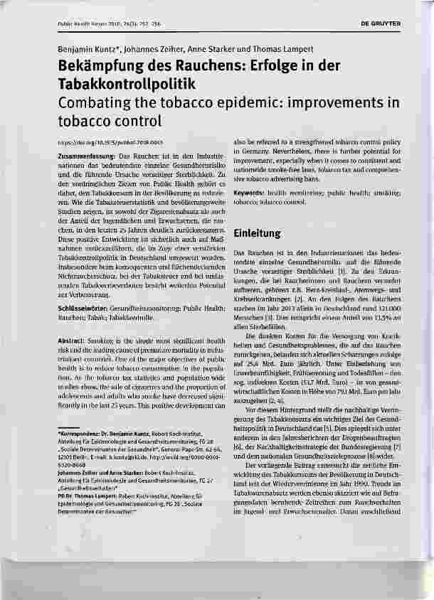 Vorschauseite 1: Bekämpfung des Rauchens: Erfolge in der Tabakkontrollpolitik Combating the tobacco epidemic: improvements in tobacco control