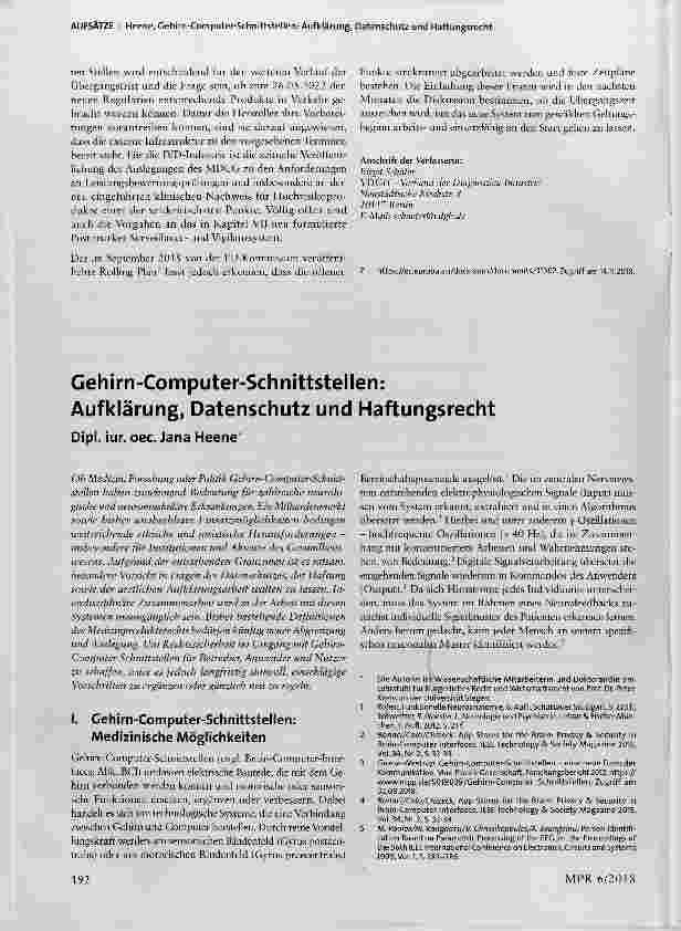 Vorschauseite 1: Gehirn-Computer-Schnittstellen: Aufklärung, Datenschutz und Haftungsrecht
