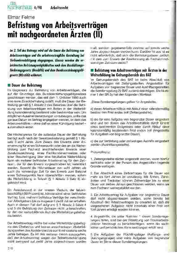 Vorschauseite 1: Befristung von Arbeitsverträgen mit nachgeordneten Ärzten (Teil 2)