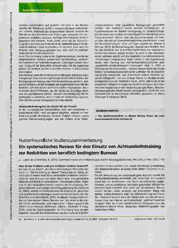 Vorschauseite 1: Ein systematisches Review für den Einsatz von Achtsamkeitstraining zur Reduktion von beruflich bedingtem Burnout