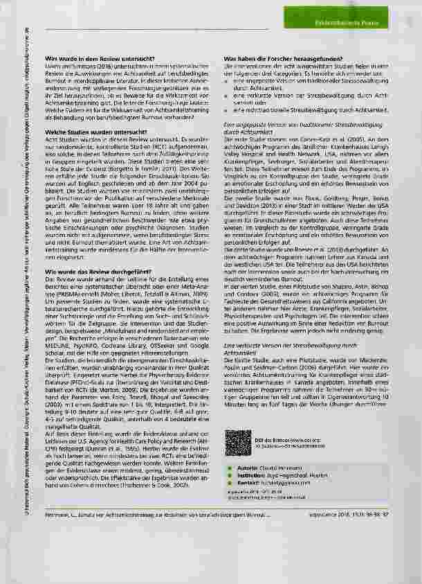 Vorschauseite 2: Ein systematisches Review für den Einsatz von Achtsamkeitstraining zur Reduktion von beruflich bedingtem Burnout