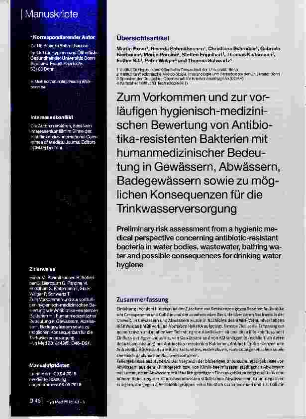 Vorschauseite 1: Zum Vorkommen und zur vorläufigen hygienisch-medizinischen Bewertung von Antibiotika resistenten Bakterien mit humanmedizinischer Bedeutung in Gewässern, Abwässern, Badegewässern…