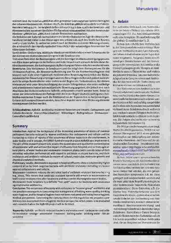 Vorschauseite 2: Zum Vorkommen und zur vorläufigen hygienisch-medizinischen Bewertung von Antibiotika resistenten Bakterien mit humanmedizinischer Bedeutung in Gewässern, Abwässern, Badegewässern…