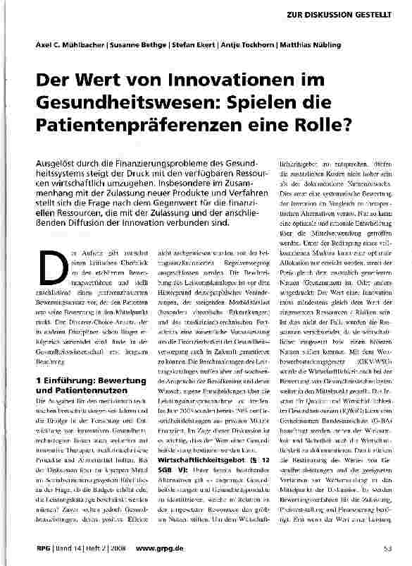 Vorschauseite 1: Der Wert von Innovationen im Gesundheitswesen: Spielen die Patientenpräferenzen eine Rolle?