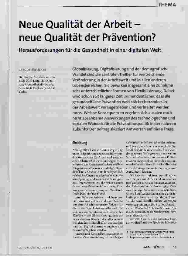 Vorschauseite 1: Neue Qualität der Arbeit neue Qualität der Prävention?