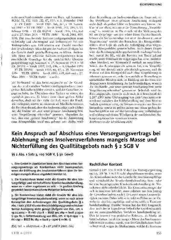 Vorschauseite 1: Kein Anspruch auf Abschluss eines Versorgungsvertrags bei Ablehnung eines Insolvenzverfahrens mangels Masse und Nichterfüllung des Qualitätsgebots nach § 2 SGB V